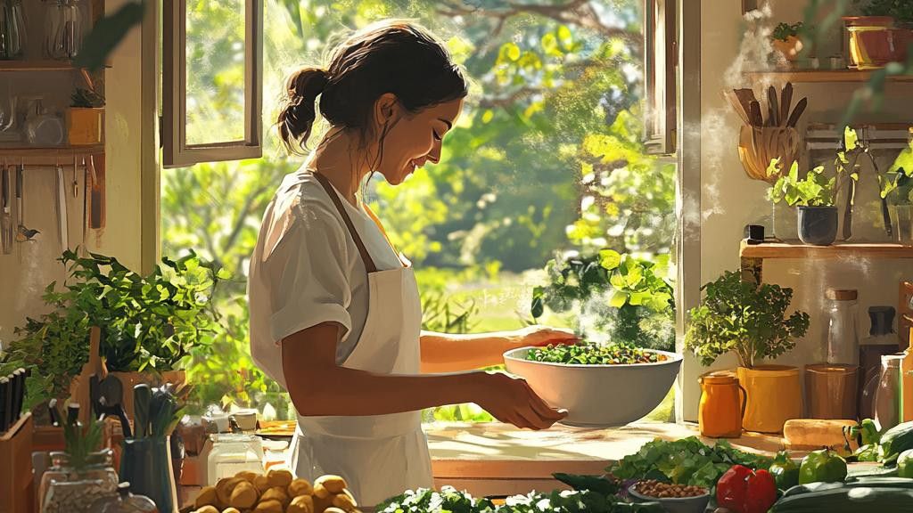A smiling woman in an apron is preparing a salad in a sunlit kitchen. She's holding a bowl of greens.
