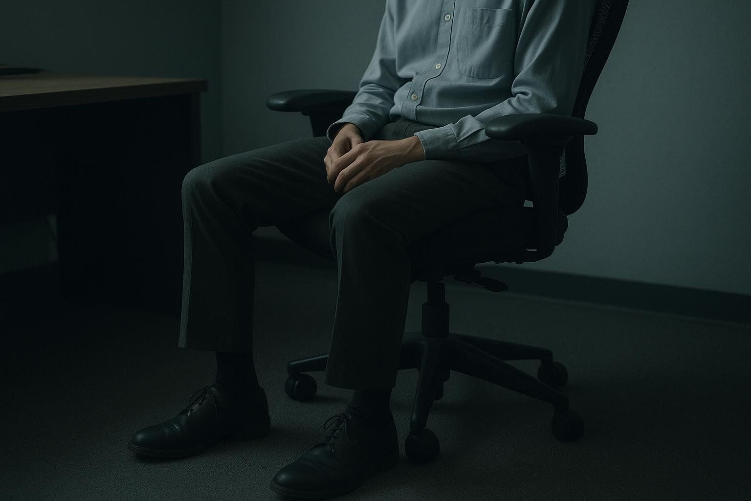 A person sits in an office chair, representing sedentary behavior as a risk factor for central obesity.
