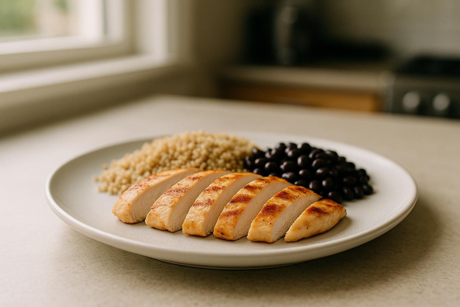 Close-up photo of a plate with high-protein foods like grilled chicken and quinoa, emphasizing nutrition for body composition.