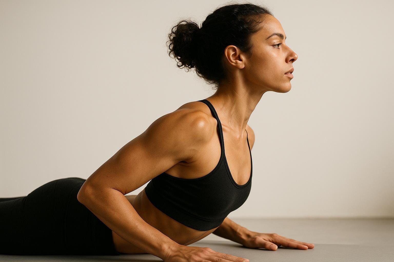 Side view of a woman with dark curly hair tied up in a bun, wearing a black sports bra and leggings, performing the Cobra Pose. Her chest is lifted, and her back is extended as her forearms and hands rest on the floor.