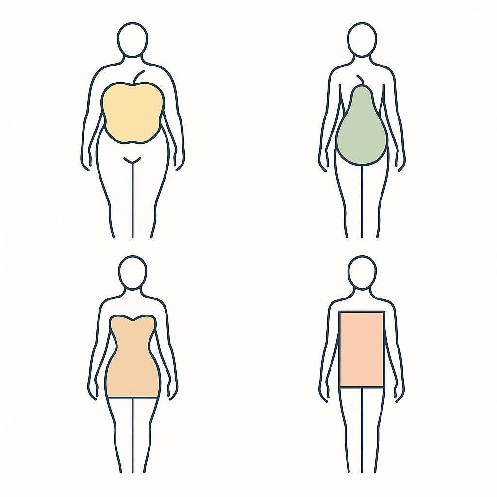 Iconic outlines of the four main body shapes: apple, pear, hourglass, and rectangle.