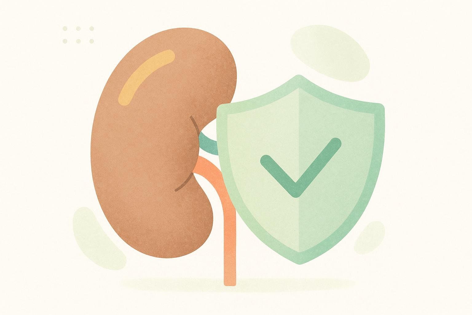 A stylized illustration of a kidney organ behind a green shield with a checkmark, symbolizing that creatine is safe for kidneys in healthy individuals.