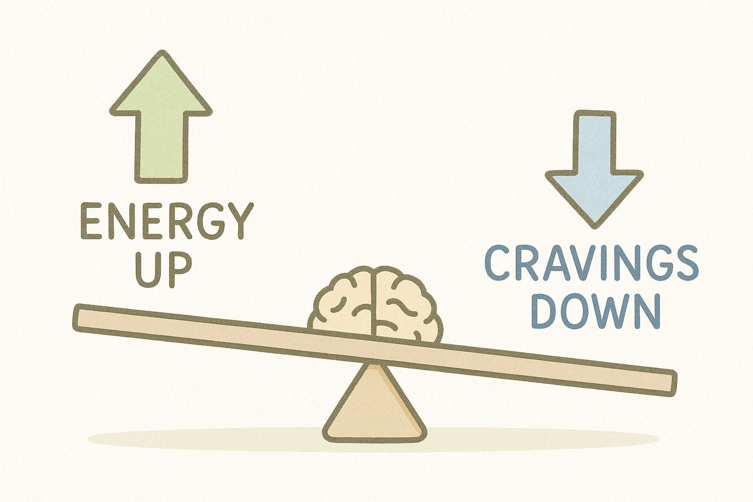 An illustration of a see-saw with a brain balancing in the middle. On the left, an upward arrow and the text 'ENERGY UP'. On the right, a downward arrow and the text 'CRAVINGS DOWN'.