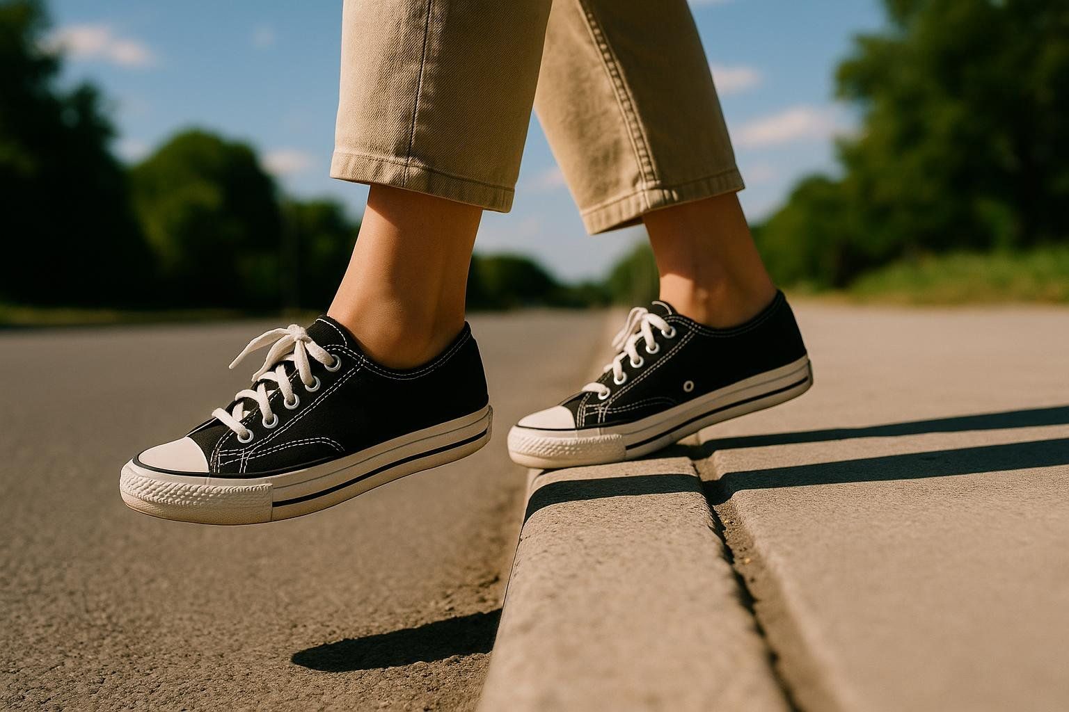 A close-up shot of a person's feet, clad in black canvas sneakers with white laces, as they step carefully over a concrete curb. Their tan pants are visible above the shoes, and sunlight casts shadows on the pavement.