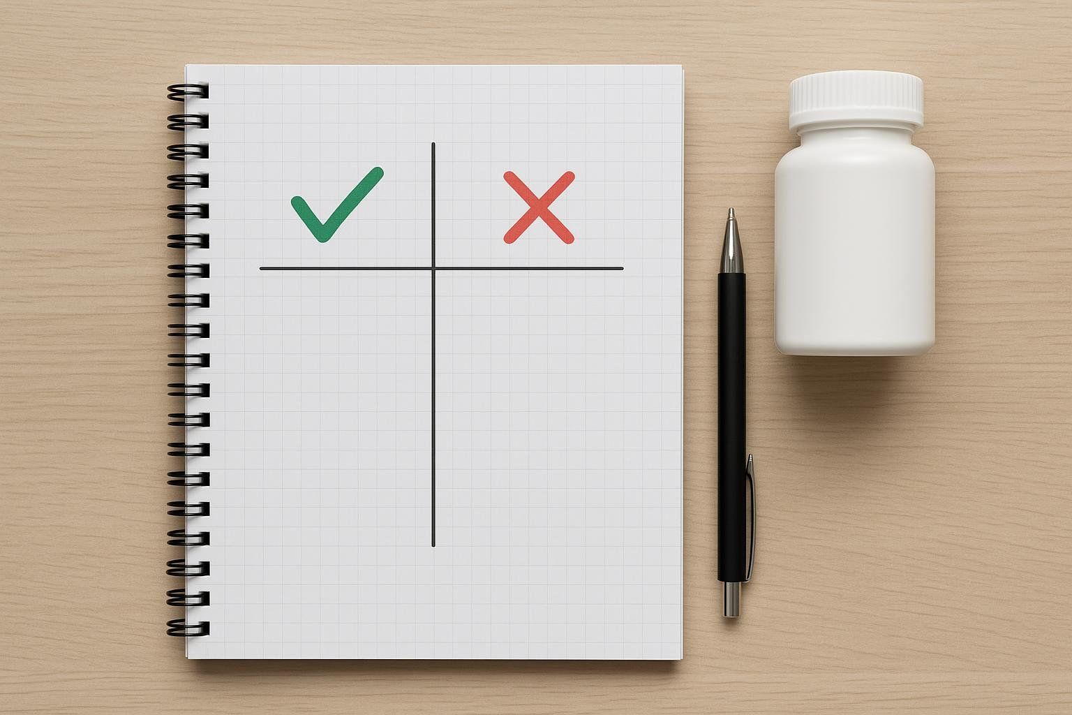 A close-up, top-down shot of a spiral-bound notepad with a grid pattern, showing a large green checkmark on the left and a large red 'X' on the right, divided by a vertical and horizontal line. To the right of the notepad are a black pen and a plain white pill bottle, all on a light wooden surface. This image represents the process of evaluating and comparing different aspects, such as drug costs.