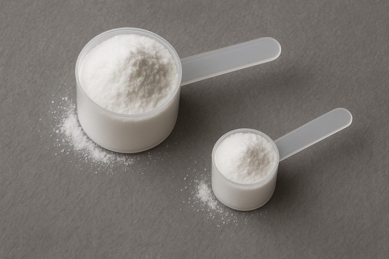Two different sized scoops of TMG powder, visualizing the different dosages for performance and homocysteine goals.