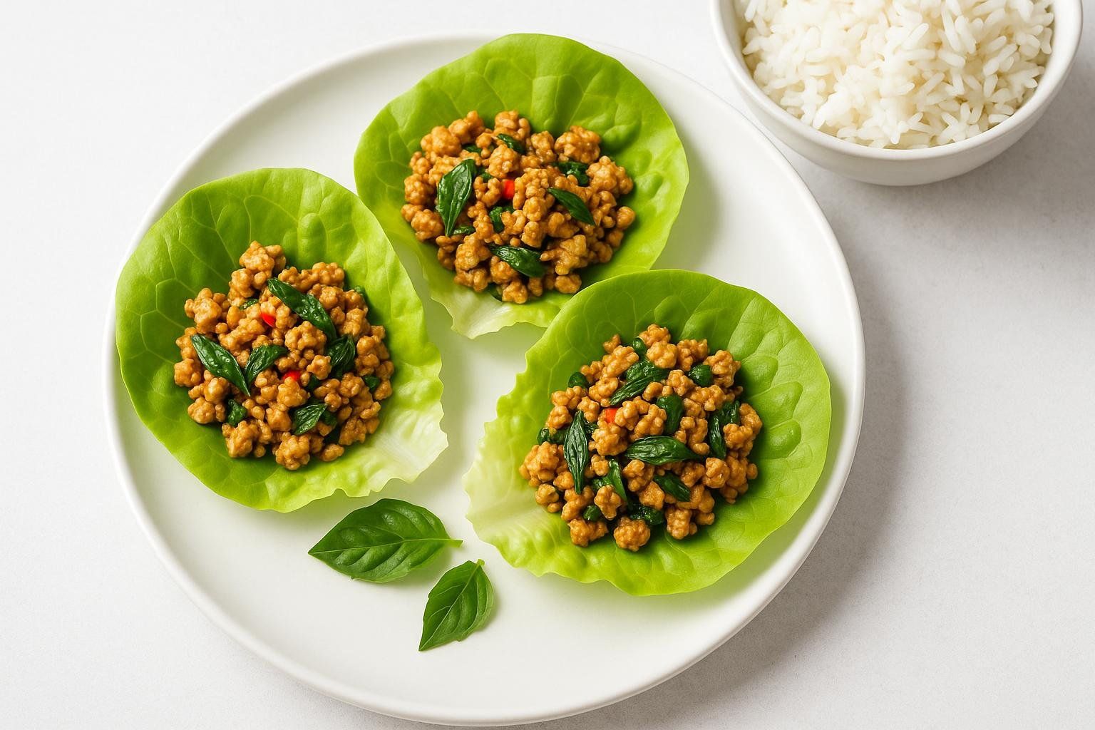 Three fresh Thai basil tofu lettuce cups arranged neatly on a white plate, garnished with basil leaves, and accompanied by a small bowl of white rice in the background.
