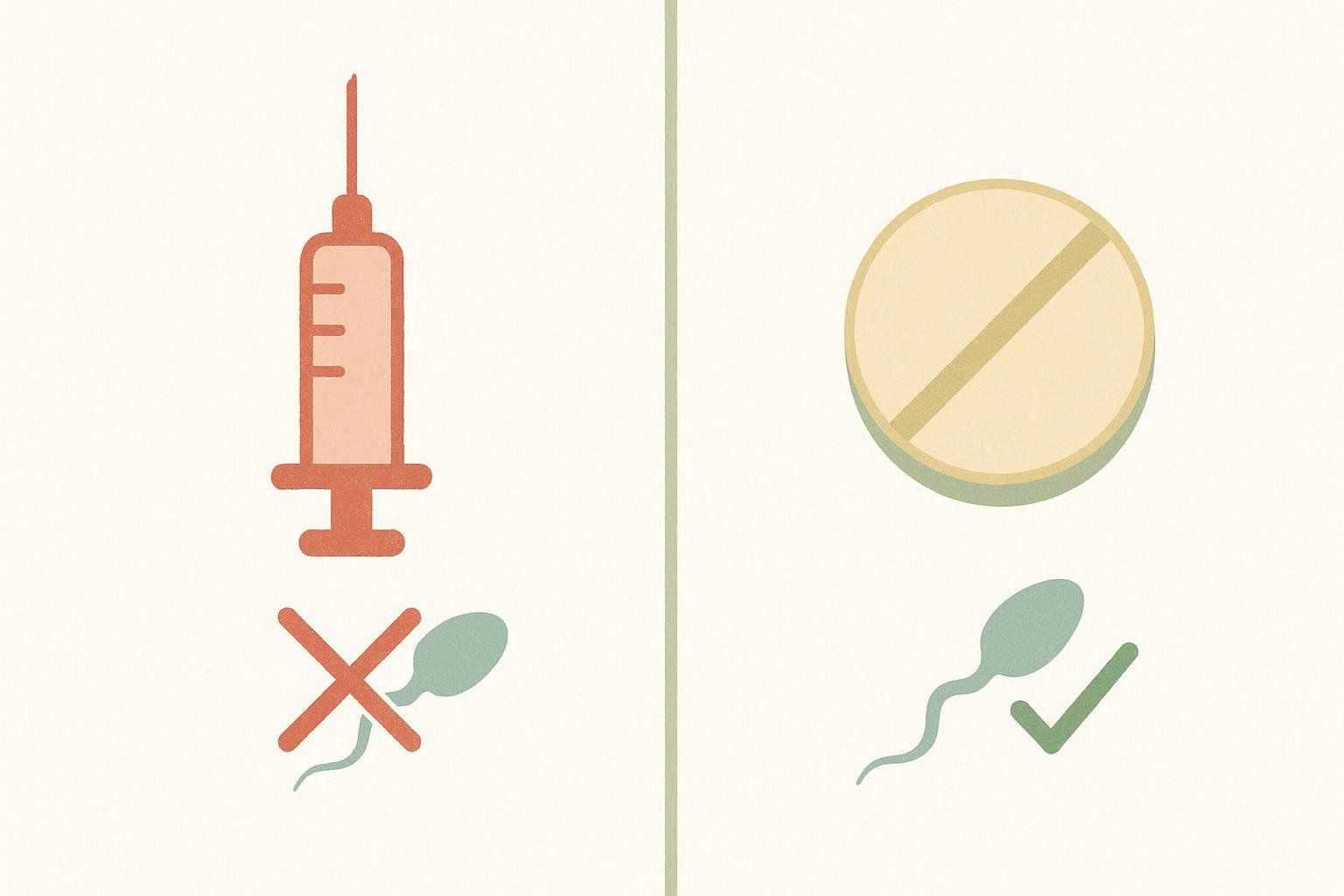 An illustration comparing the impact of TRT (represented by a syringe and a sperm with an X) and Clomid (represented by a pill and a sperm with a checkmark) on sperm.