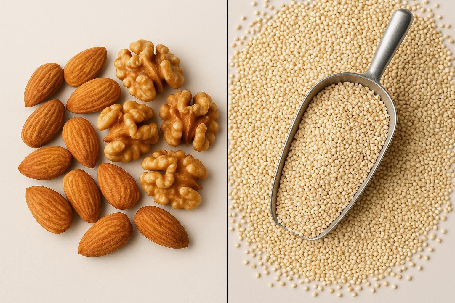A split image. On the left, a pile of whole almonds and walnuts. On the right, a pile of white quinoa with a measuring scoop partially filled.
