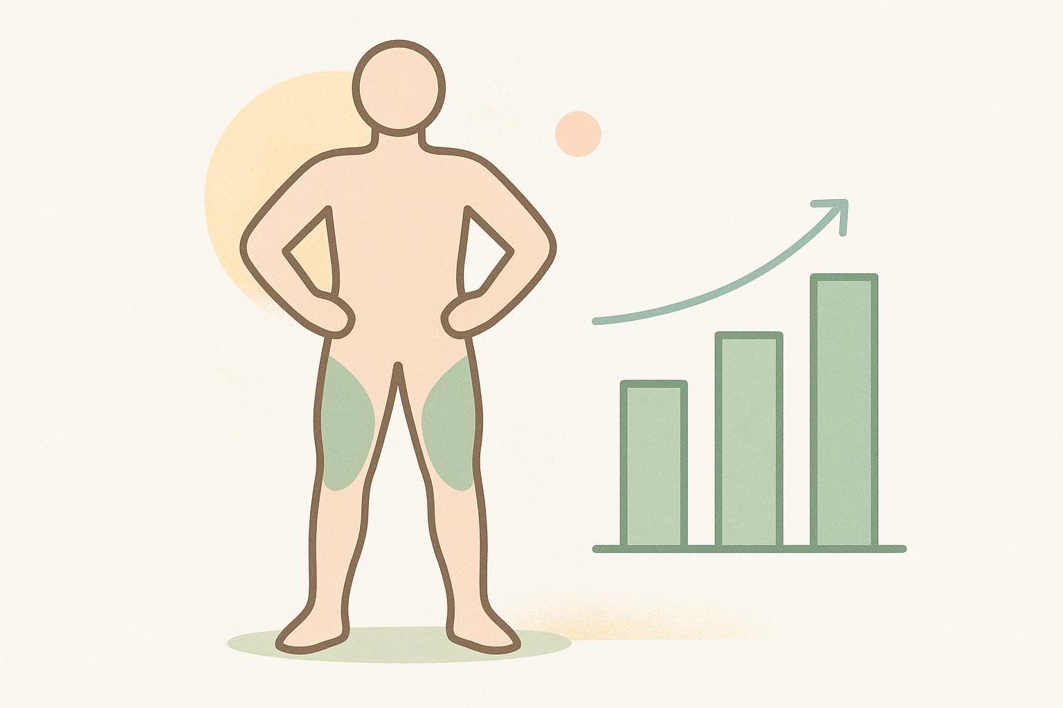 Abstract illustration of a figure with highlighted leg muscles next to a chart showing positive progress, symbolizing lean mass gain.