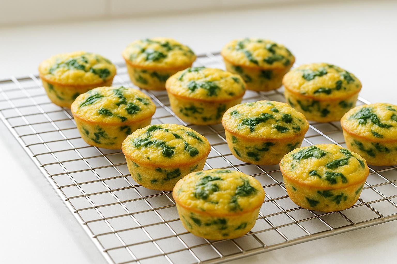 Freshly baked mini spinach and egg muffins cooling on a wire rack, a perfect make-ahead snack.