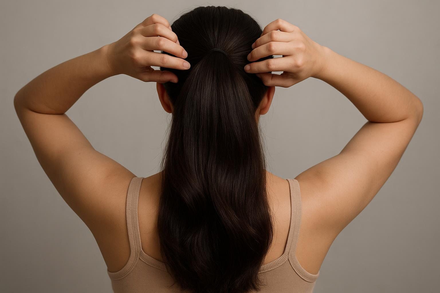 A photo from behind of a woman with thick, healthy dark brown hair pulled back in a ponytail, demonstrating improved hair density and quality. Her hands are up on either side of her head, touching her hair.