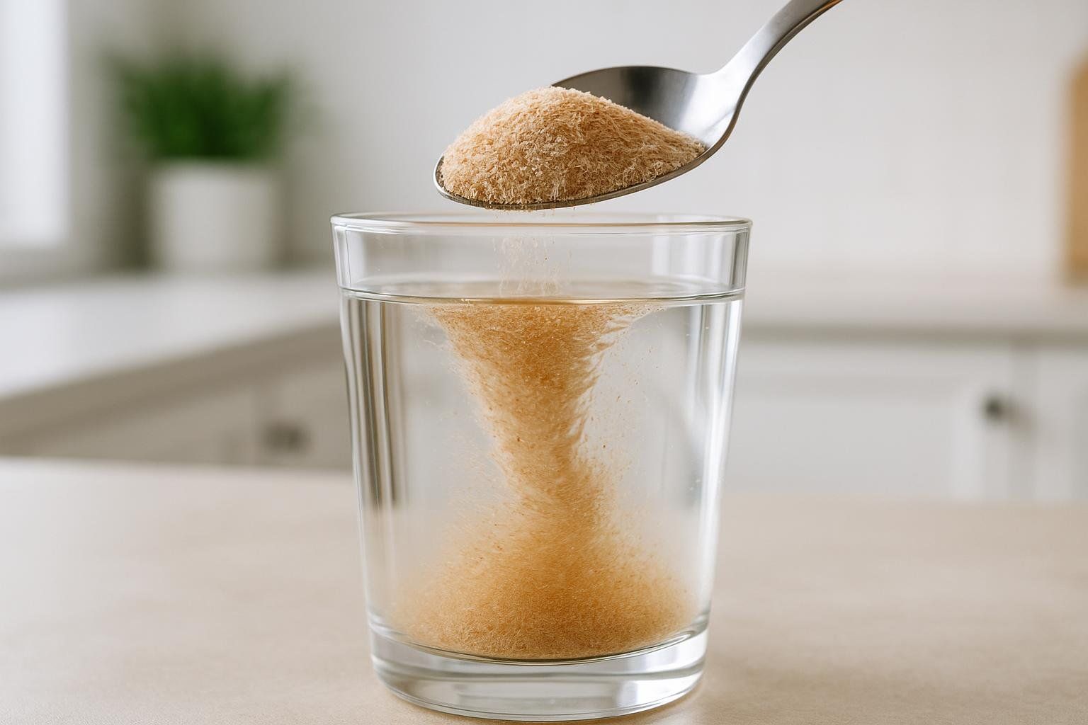 A spoon holding psyllium husk powder over a glass of water, with some powder already falling into the water, creating a swirling cloud. The powder is being mixed vigorously into the water.