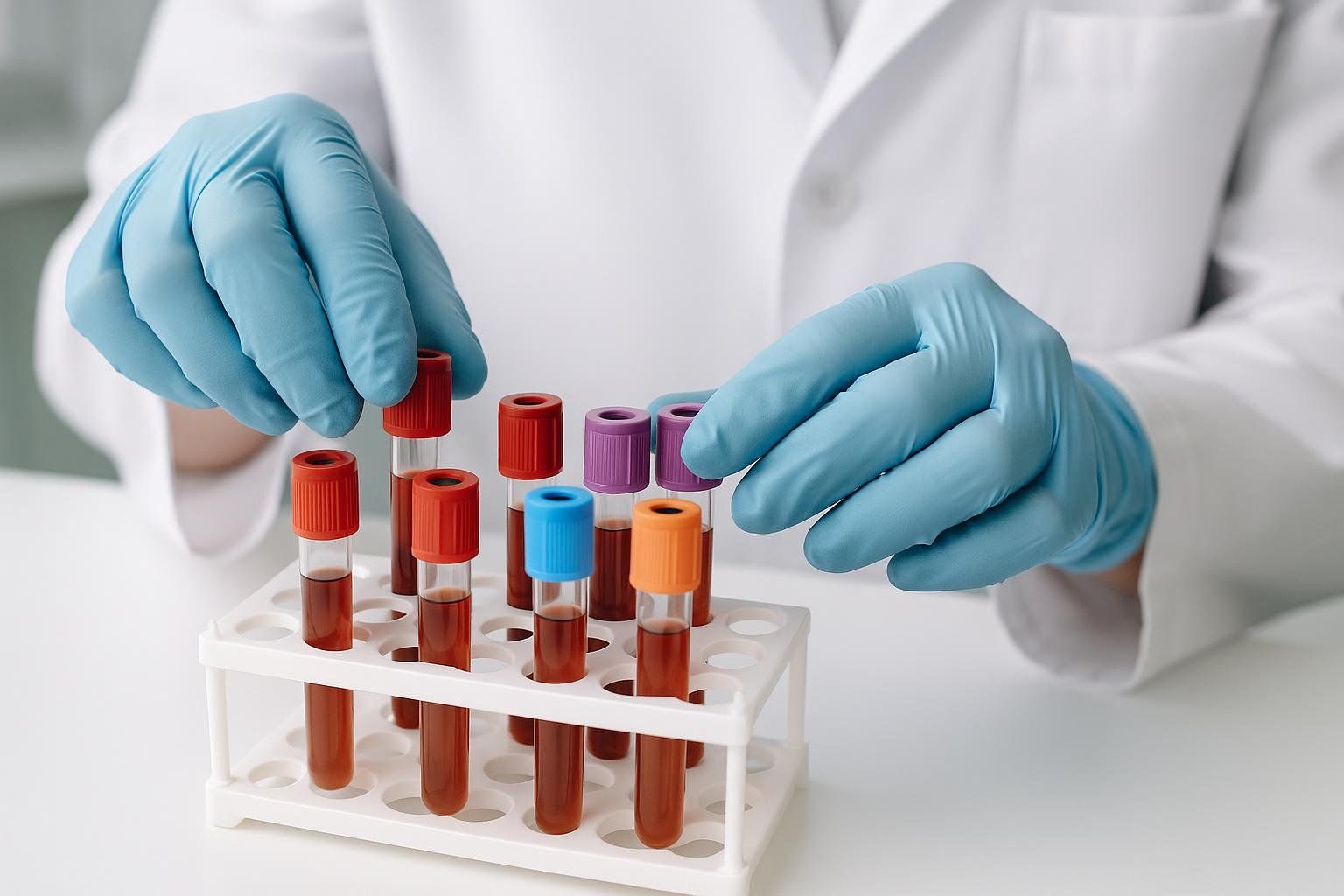 Gloved hands arranging lab vials, representing the importance of regular blood tests and monitoring when taking rapamycin.