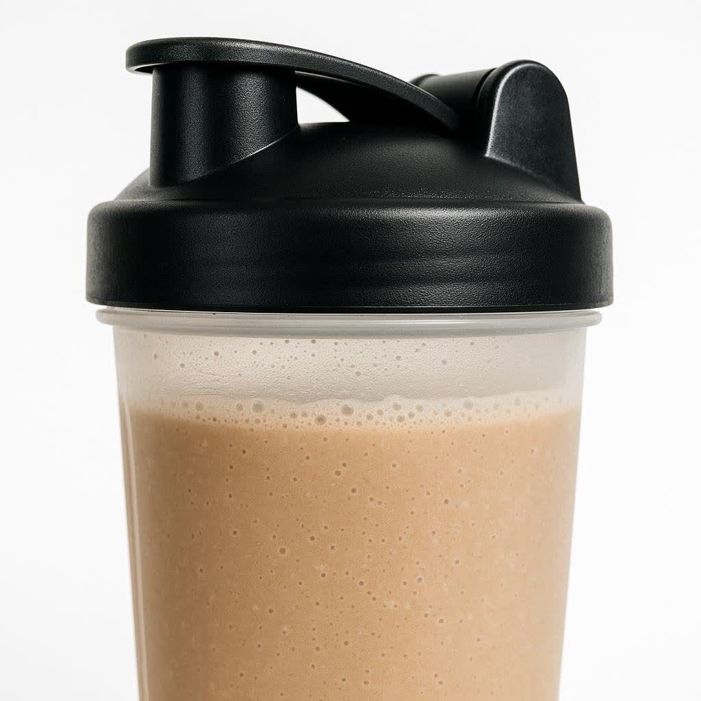 A close-up of a protein shaker bottle, ready for a post-workout shake.