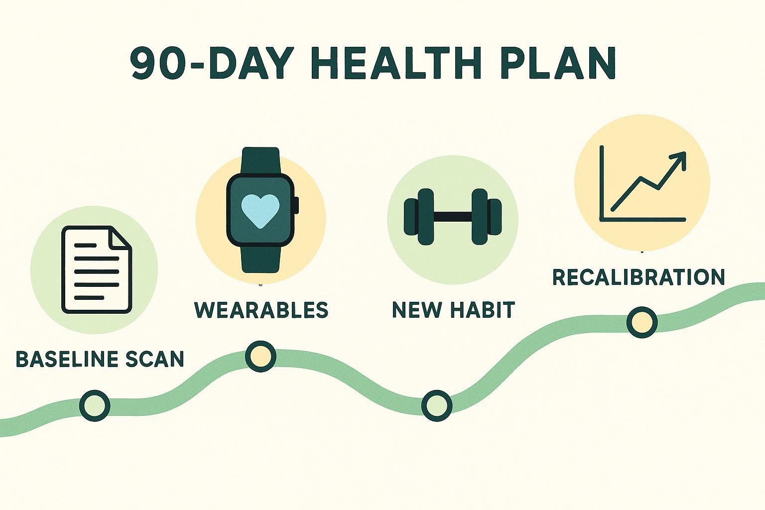 An illustrated timeline titled '90-Day Health Plan' showing four stages: Baseline Scan (document icon), Wearables (smartwatch icon), New Habit (dumbbell icon), and Recalibration (upward trending graph icon). These stages are connected by a wavy green line with circles at each point.