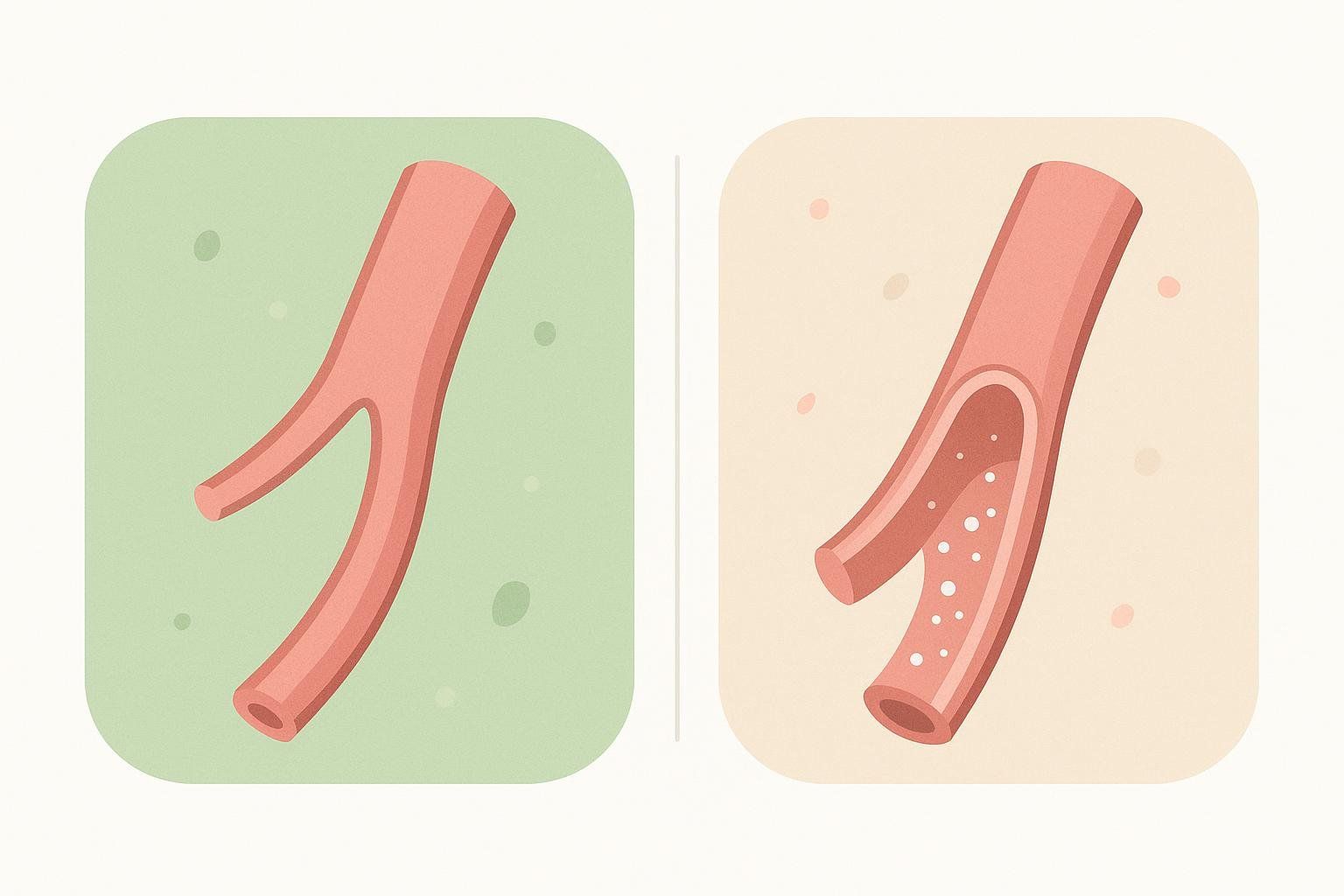 Illustration comparing a healthy, clean artery with an artery that has mineral deposits, known as calcification. The healthy artery is shown on a light green background, appearing smooth and unobstructed. The calcified artery is shown on a light beige background, with white dots representing mineral deposits inside its lumen, indicating narrowing and hardening of the vessel.