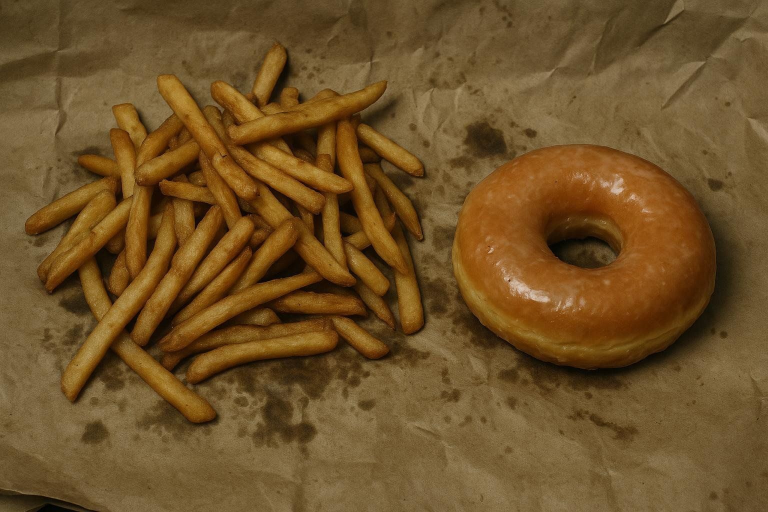 A pile of golden-brown french fries and a single glazed donut sit on a crumpled piece of brown paper with visible grease stains. The image captures trans-fat-heavy fried foods, often depicted as items to consider avoiding for health reasons.