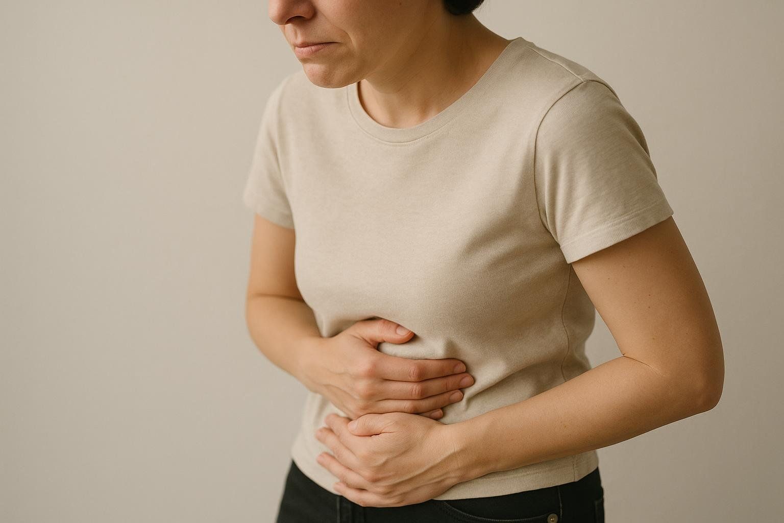 A woman with a pained expression holds her stomach with both hands, indicating abdominal discomfort or GI upset.