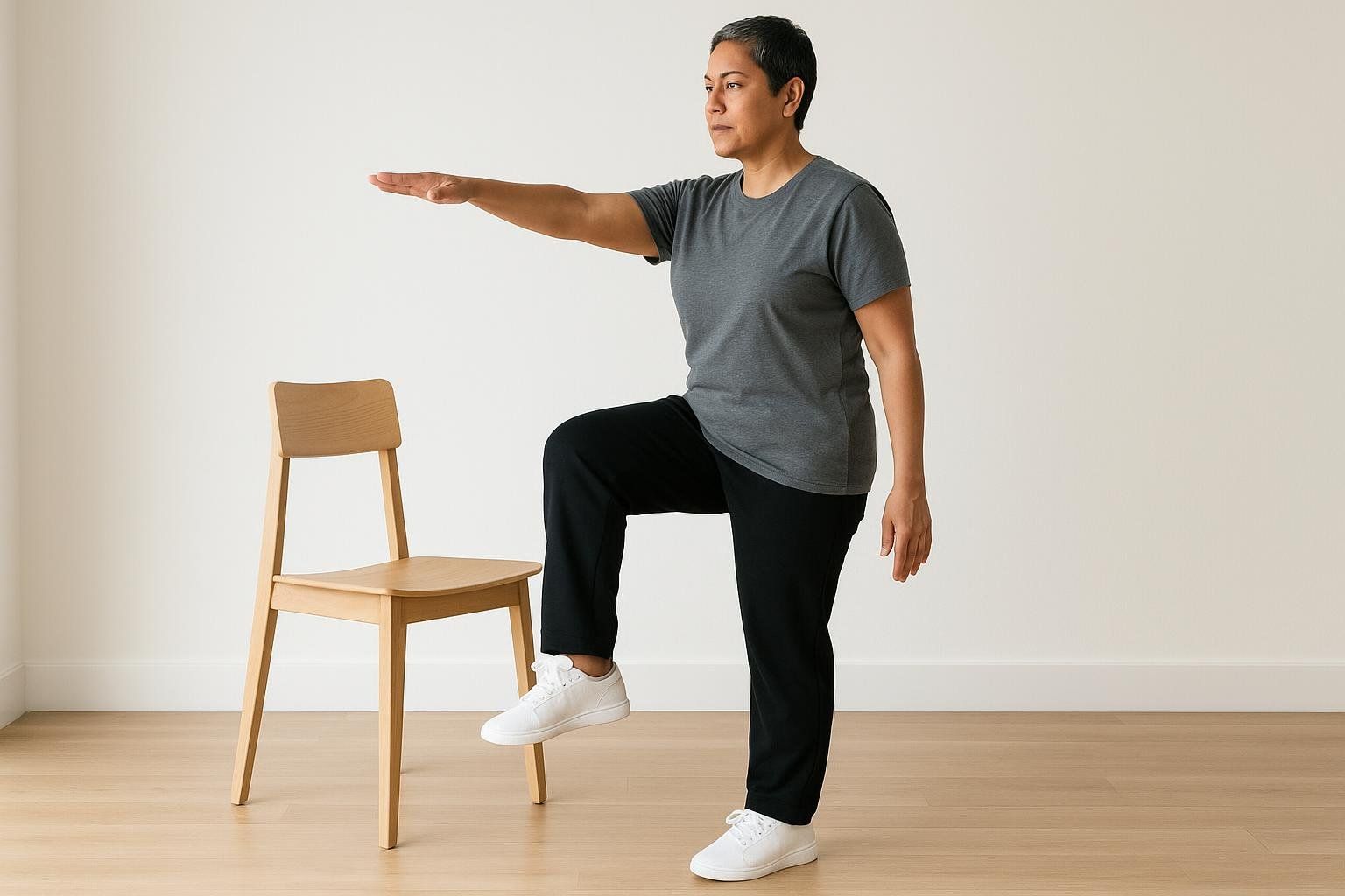 A woman uses a chair for support while performing a balance exercise on one leg.
