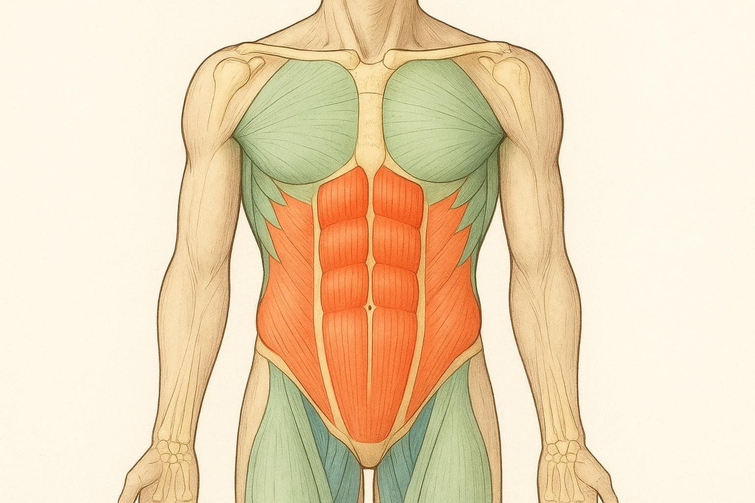 An anatomical diagram showing the muscles of a human torso, highlighting the abdominal muscles (rectus abdominis and obliques) in red-orange, and other muscles like the pectorals, deltoids, and hip flexors in green, along with skeletal outlines of the shoulders and arms. This highlights the primary muscles worked in a hanging leg raise: the abdominals and obliques, and the assisting hip flexors.