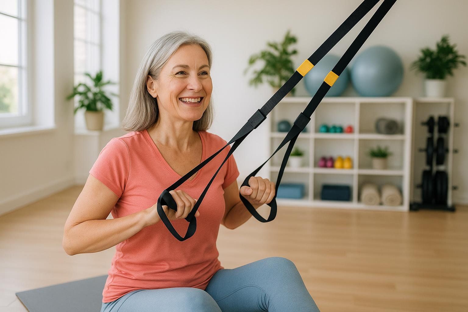 A smiling woman in her 50s performing a seated row exercise with TRX suspension straps.