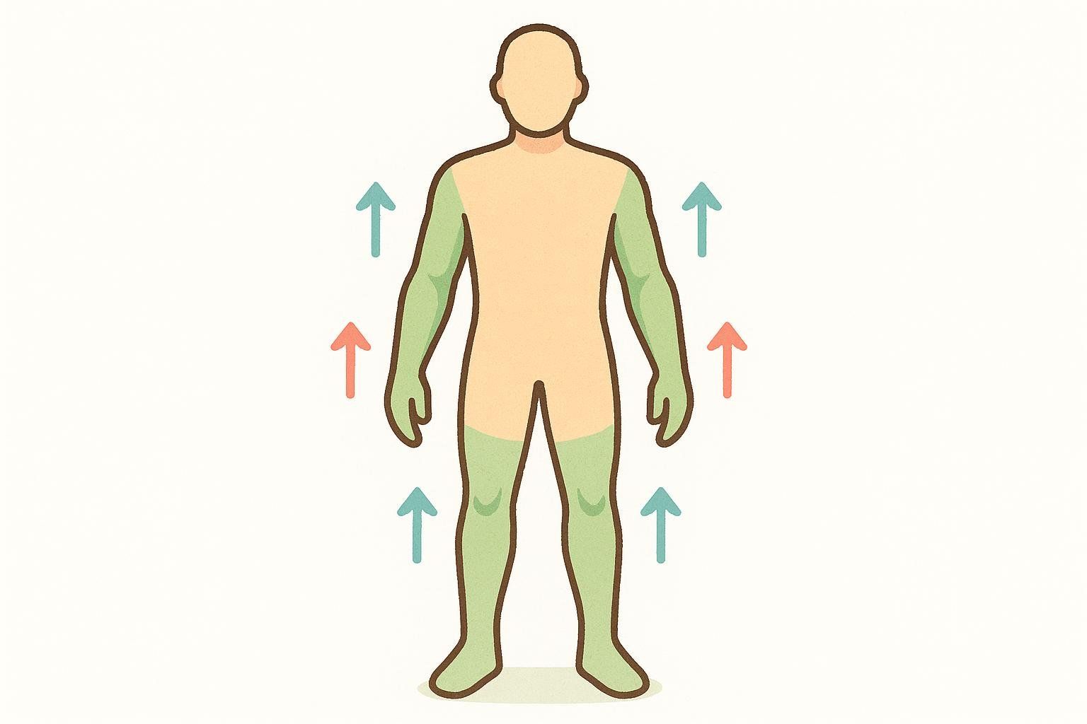 An illustration of a human silhouette showing the arms and legs shaded green to indicate the appendicular regions where lean mass is measured, with blue and red arrows pointing upwards, suggesting growth or measurement in those areas.