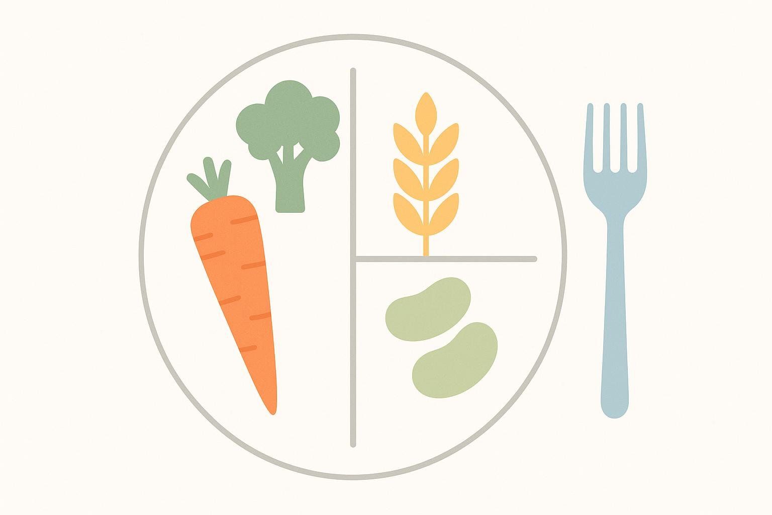 A diagram of a healthy eating plate, with half for vegetables and fruits, a quarter for whole grains, and a quarter for protein, accompanied by a fork icon.
