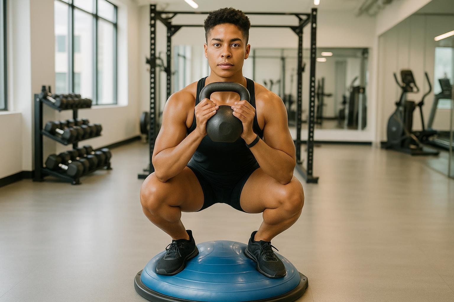 A female athlete performing a goblet squat on a blue balance dome, holding a black kettlebell. She is in a gym with weights and equipment in the background, facing forward with a serious expression.