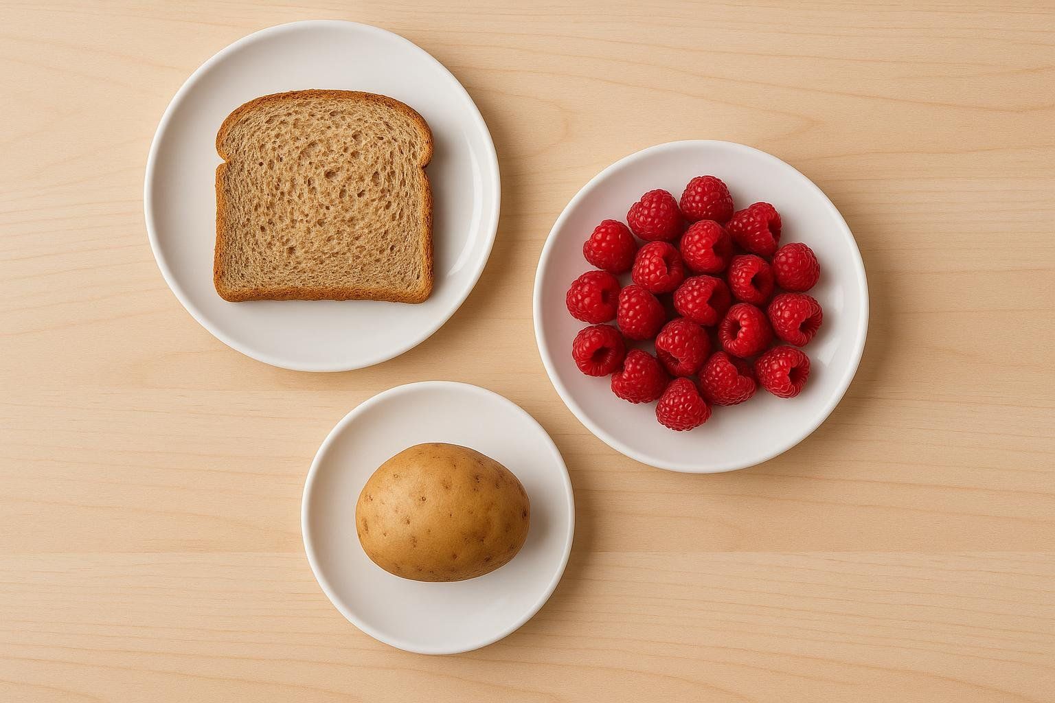 Three examples of a 15-gram carbohydrate choice are shown: a slice of whole wheat bread, a bowl of red raspberries, and a small potato. They are each on a separate white plate on a wooden surface.