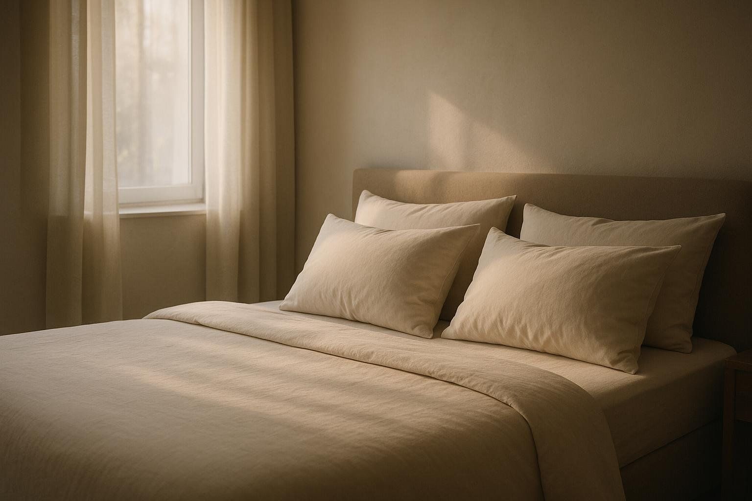 A peaceful bedroom with light filtering through sheer curtains onto a bed made with light-colored linens.