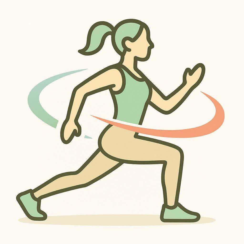 Icon of a woman in a dynamic pose performing an exercise, with curved lines suggesting movement and energy. She is wearing a light green tank top and shorts, with her hair in a ponytail.