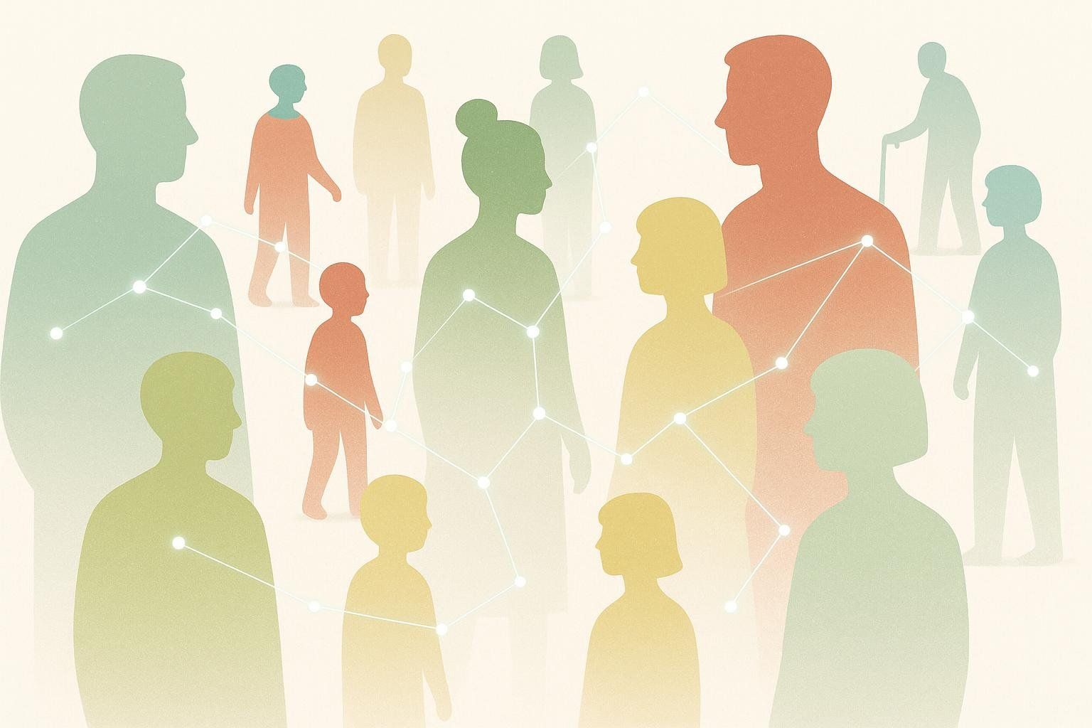 An abstract illustration of various people of different ages and sizes, connected by a network of white lines and dots.
