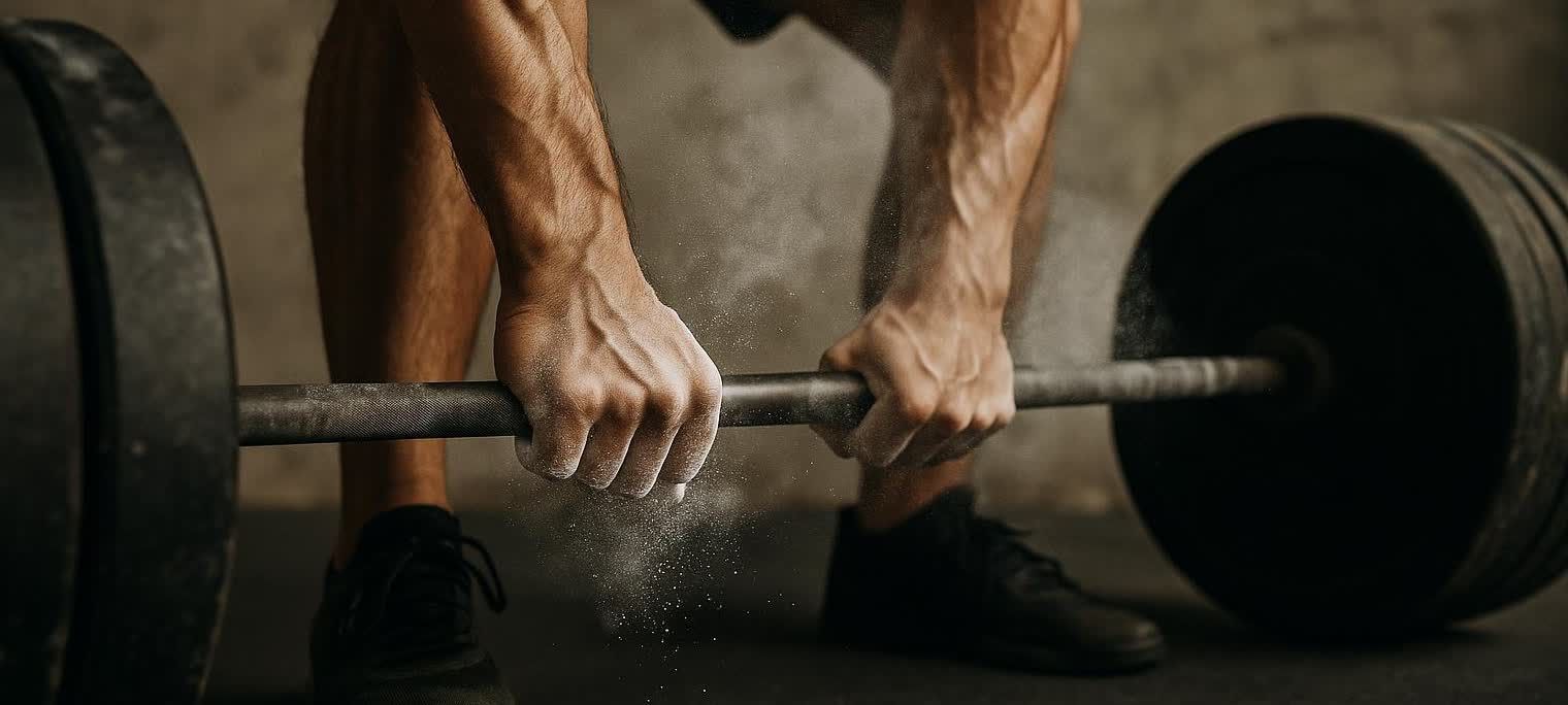 Close-up of an athlete's chalk-dusted hands gripping a heavy barbell, showing strong forearms and power in a gym setting.
