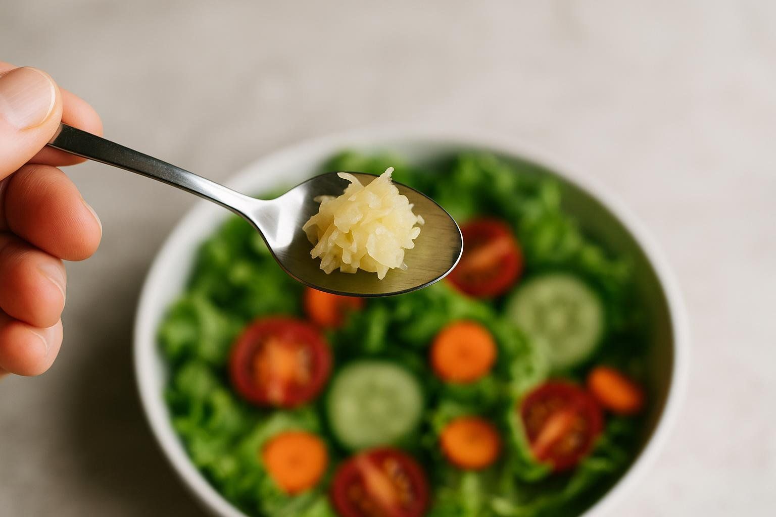A close-up of a hand holding a teaspoon with a small portion of sauerkraut over a blurry bowl of green salad, demonstrating a cautious serving size for IBS.