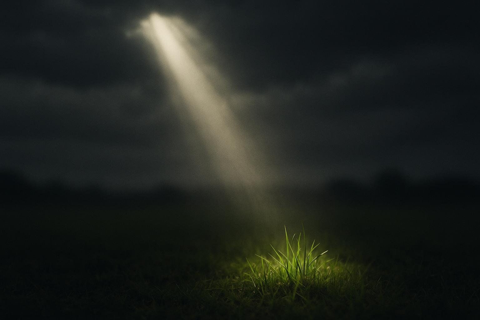 A dramatic photo of a single sunbeam breaking through dark clouds and illuminating a small patch of vibrant green grass in an otherwise dark field.