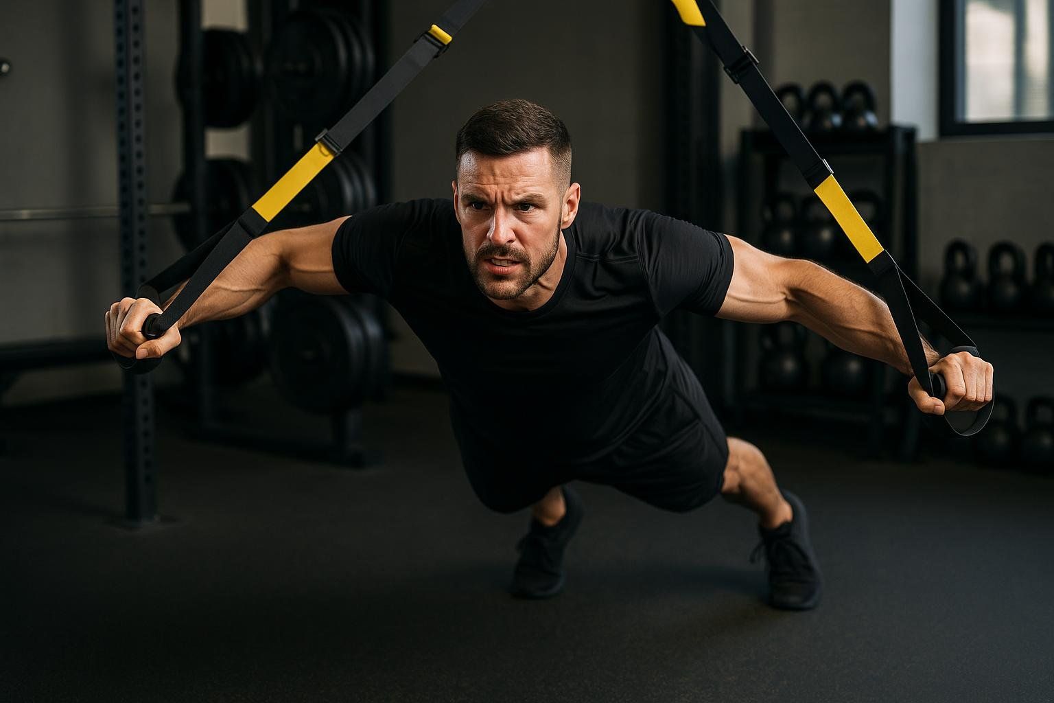 A man in a black t-shirt and shorts performs a TRX chest fly exercise, pushing his body downwards with arms extended and a determined expression. He is positioned in a gym setting.