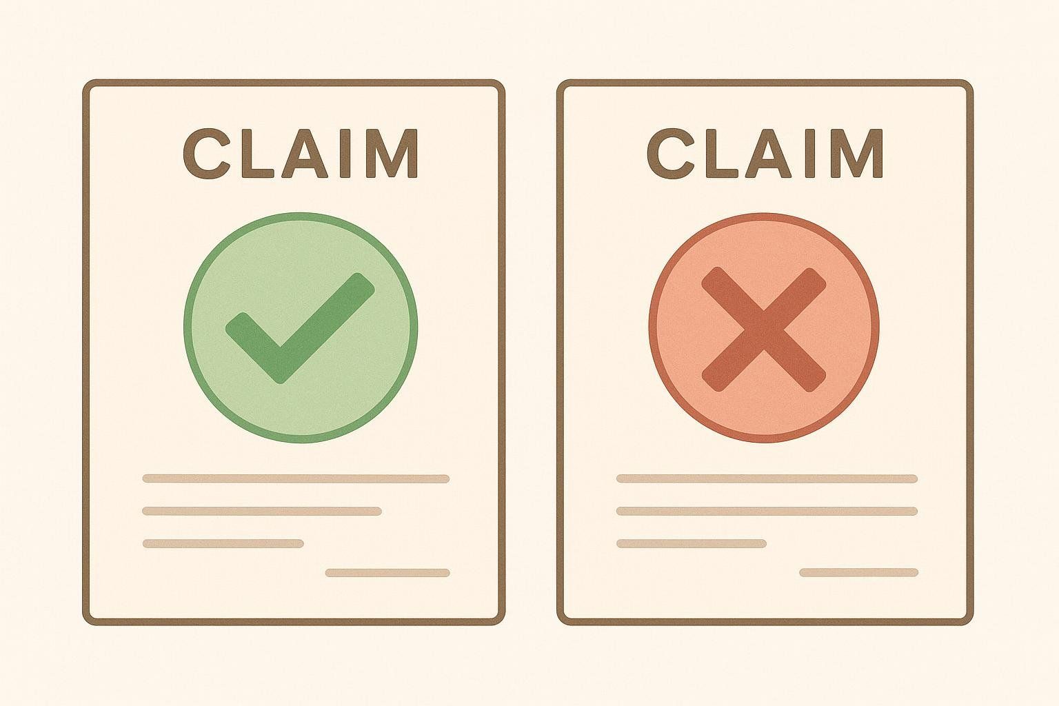 Illustration comparing a successfully processed insurance claim (green checkmark) with a denied claim (red X).