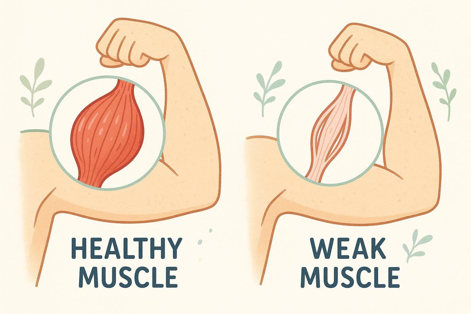 An illustration comparing a healthy, thick muscle to a weak, thin muscle in a flexed arm, with text labels indicating 'Healthy Muscle' and 'Weak Muscle'.