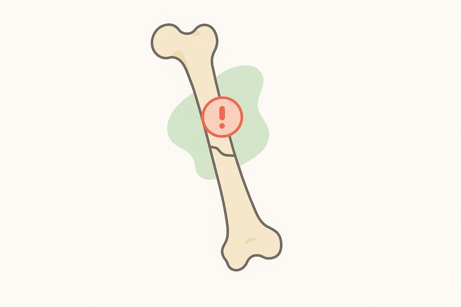 Illustration of a human femur bone with a crack in the middle and a red alert symbol with an exclamation mark over the cracked part, suggesting a fracture warning or risk.