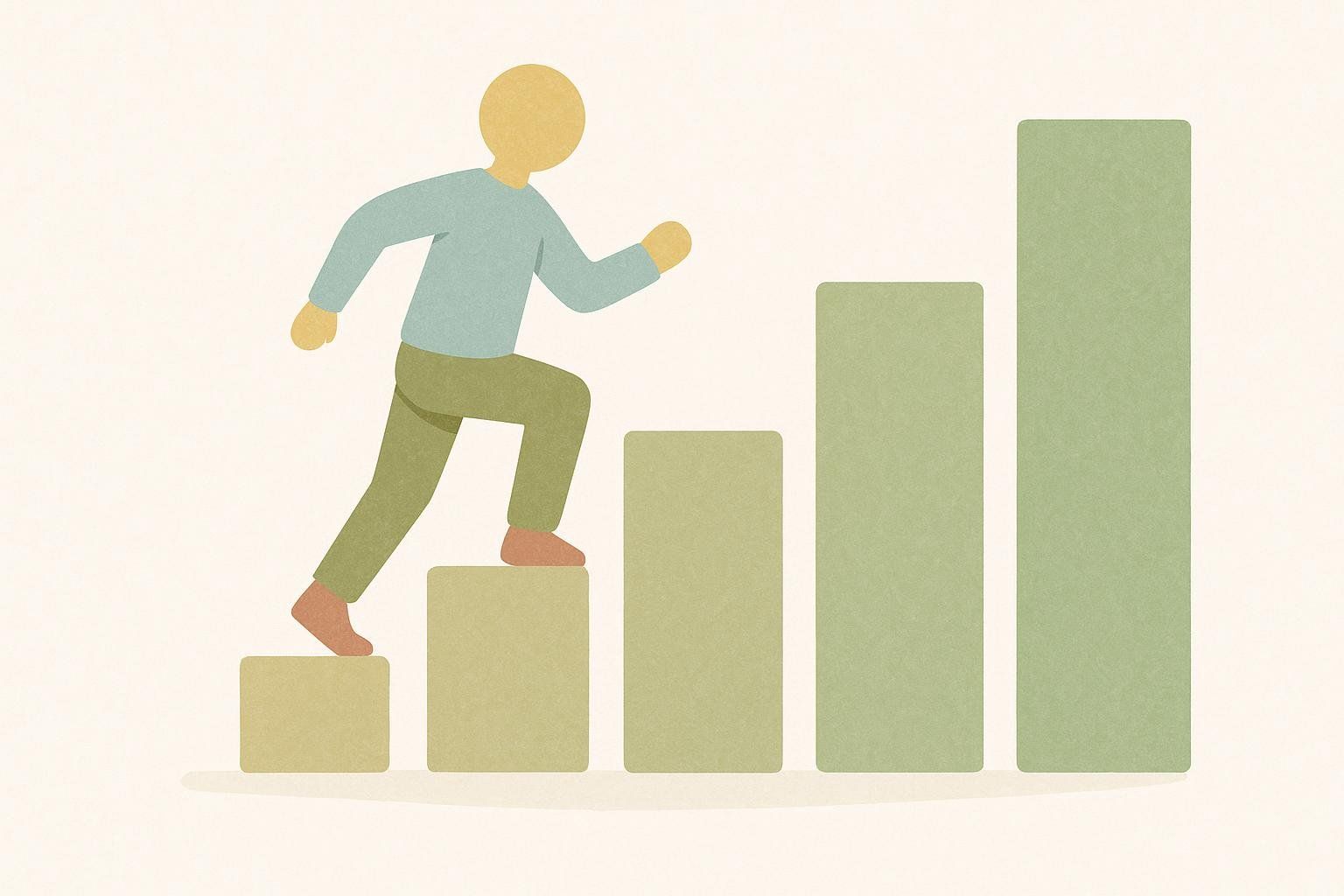 An illustration of a minimalist figure climbing up a series of progressively taller green and beige rectangular steps. The figure is light yellow with a light blue shirt and olive green pants, with reddish-orange feet and hands. The background is a textured cream color.