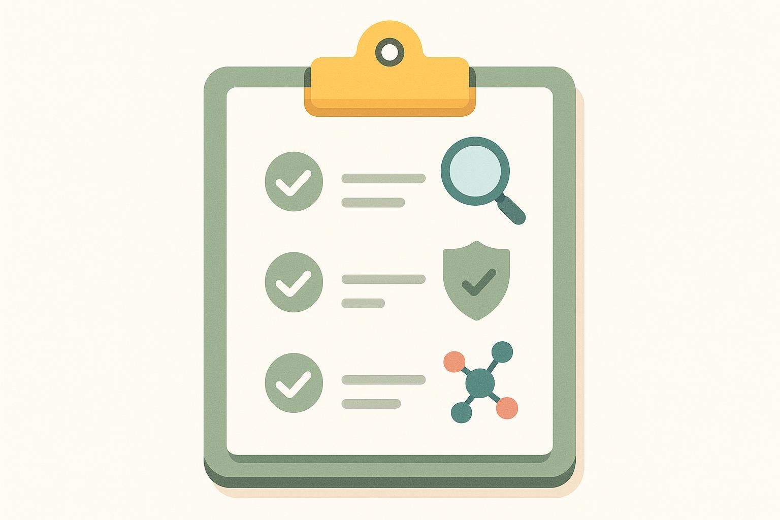 A checklist with icons for verification, accreditation, and formulation, symbolizing how to vet a compounding pharmacy.
