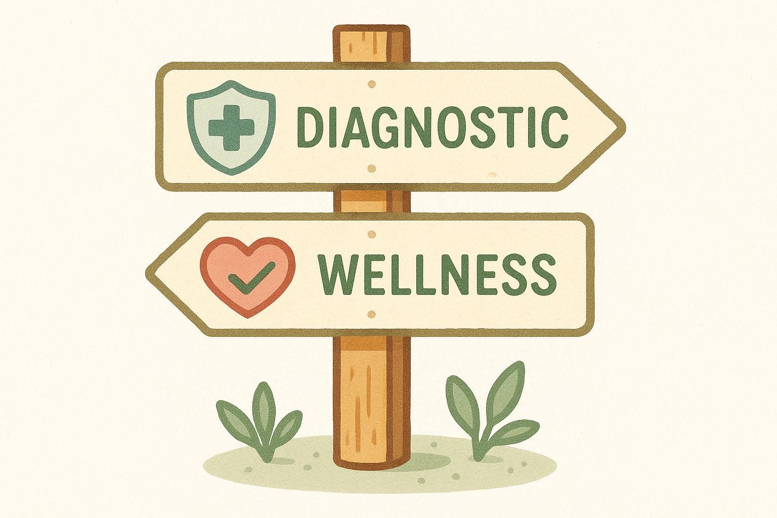 An illustration of a wooden signpost with two signs. The top sign points right and says 'DIAGNOSTIC' with a shield and medical cross icon. The bottom sign points left and says 'WELLNESS' with a heart and checkmark icon. A few green leaves are growing at the base of the signpost.