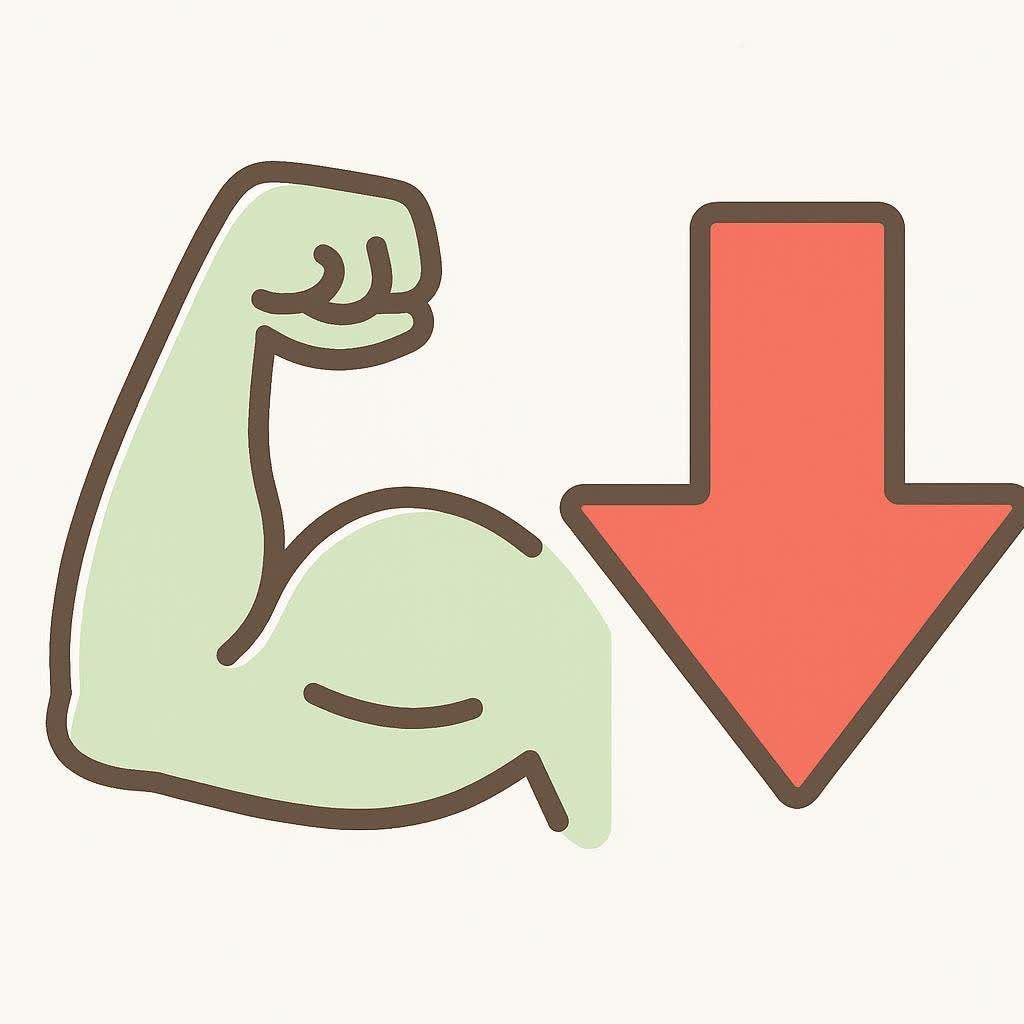 An icon depicting a light green flexed bicep next to a large red downward-pointing arrow, symbolizing muscle loss or decrease in strength.