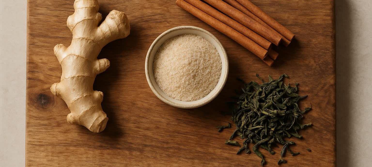A rustic wooden board with a fresh ginger root, a small white bowl of psyllium powder, several cinnamon sticks, and a pile of dried green tea leaves.