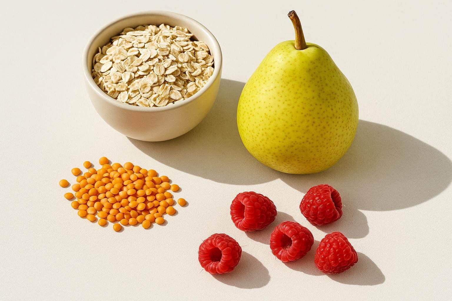 An overhead shot of high-fiber foods arranged on a light surface. In the upper left is a beige bowl of rolled oats. To its right is a ripe yellow pear. Below the bowl of oats is a small pile of orange lentils. In the lower right are four red raspberries.