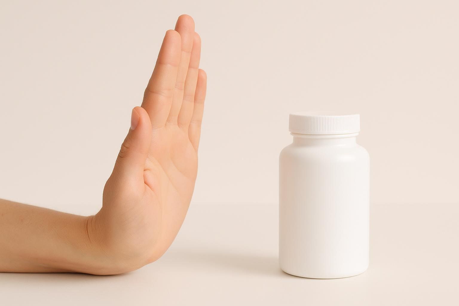 A hand making a stop gesture, positioned on the left side of a white background. To the right of the hand is a plain white pill bottle, suggesting a refusal or warning against the contents, such as HGH boosters.