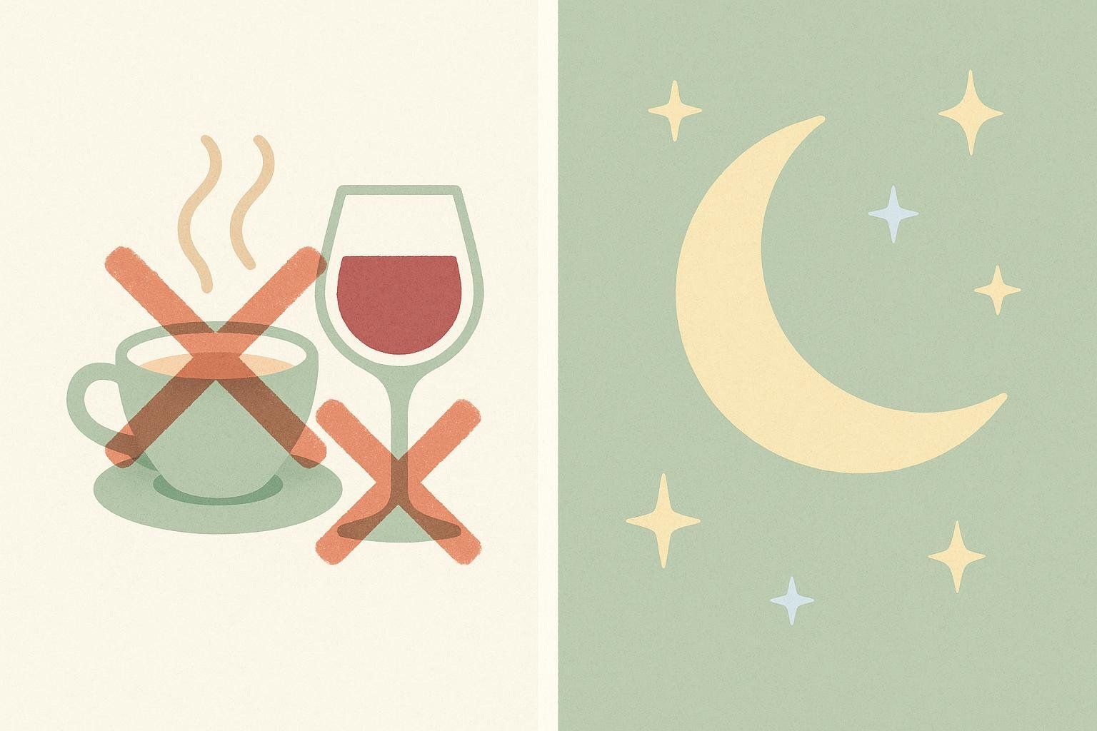 An illustration showing a cup of coffee and a glass of wine with red 'X' marks over them, next to an illustration of a crescent moon and stars on a light green background, symbolizing the night. The image conveys the message to avoid caffeine and alcohol at night for better sleep.