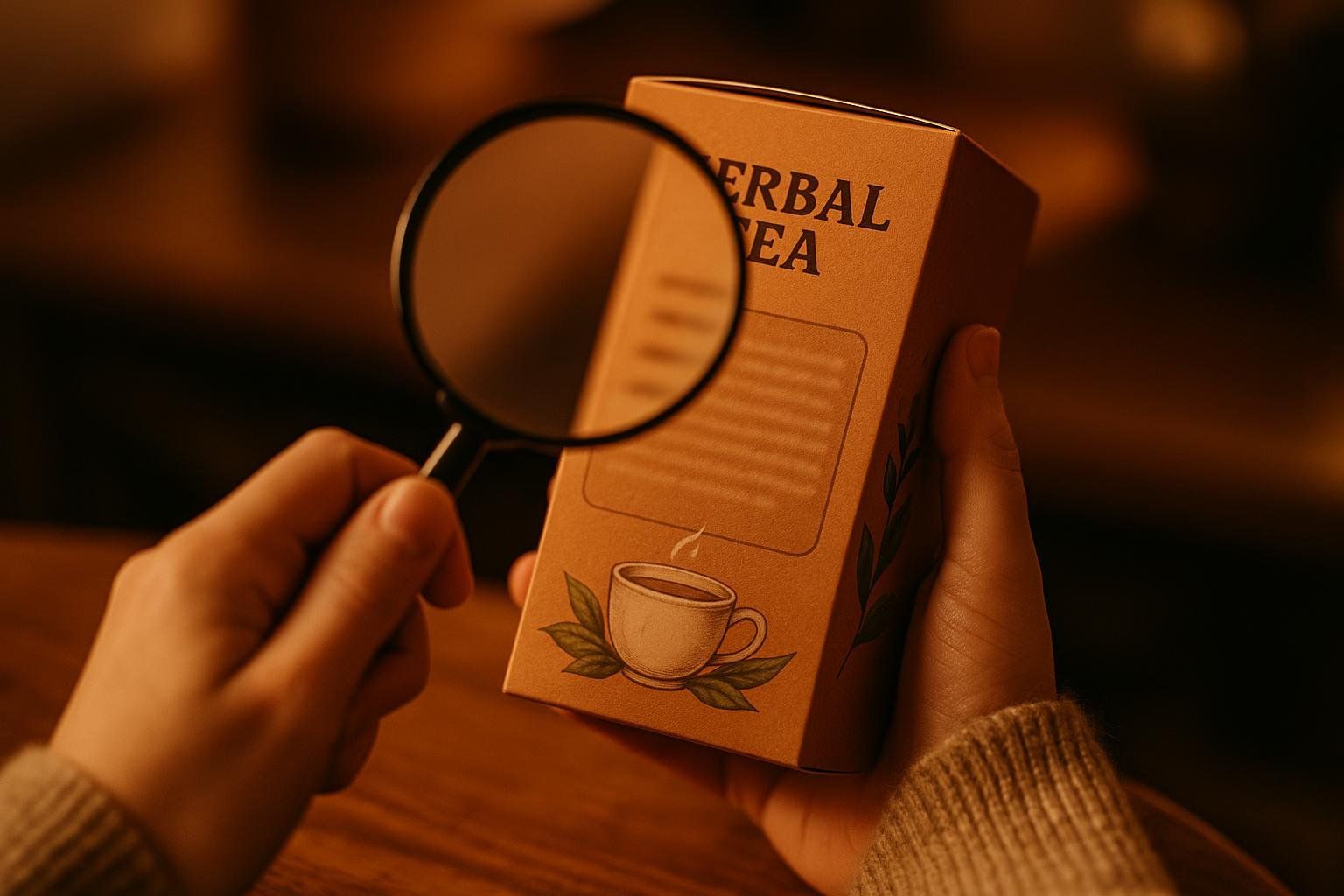 A person carefully examining a box of herbal tea with a magnifying glass, symbolizing checking ingredients.