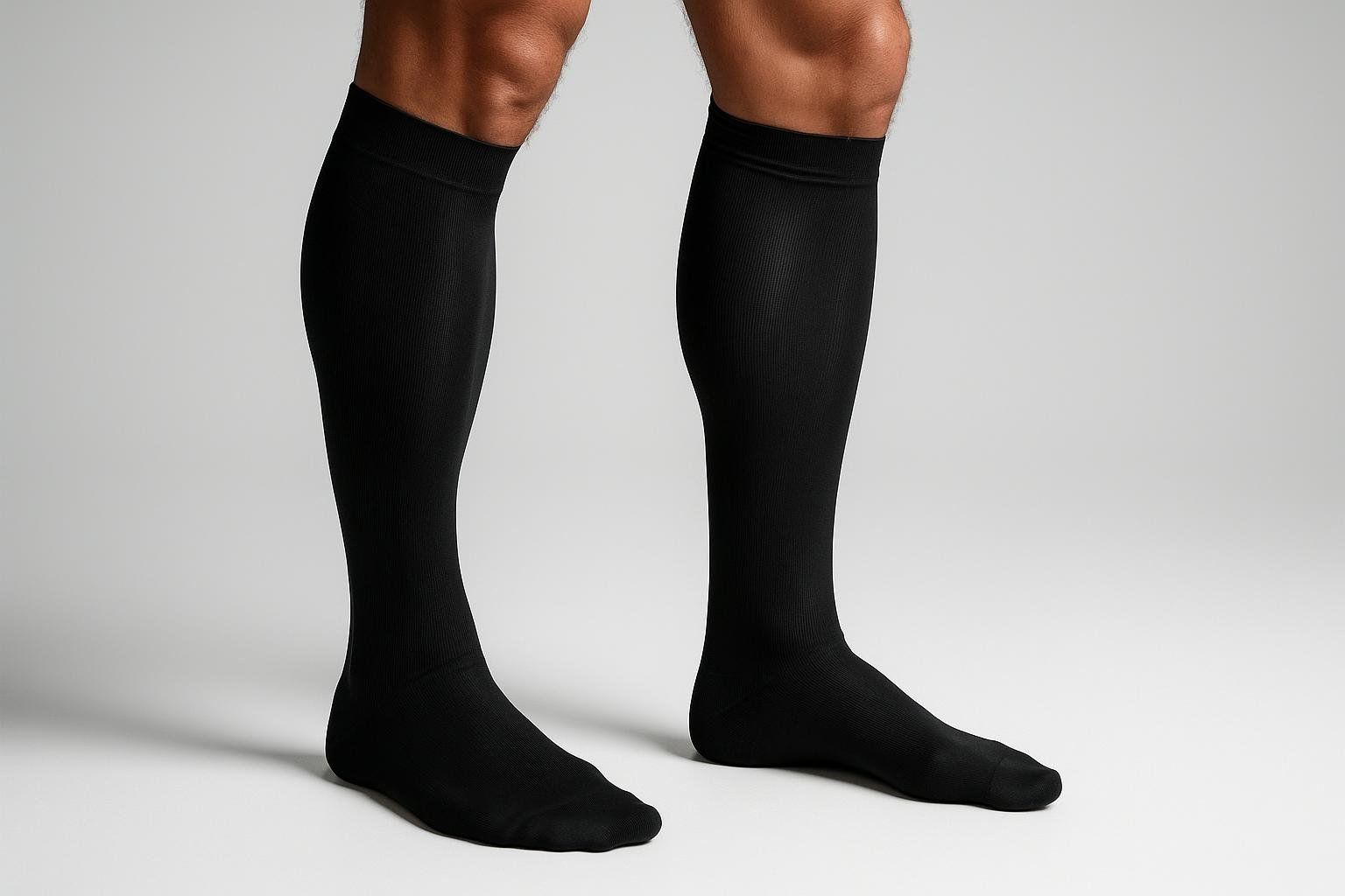 Close-up of an athlete's calves wearing black compression socks to aid in muscle recovery and reduce swelling. The socks cover the calves and extend down to the feet, which are also visible. The background is a plain light gray.